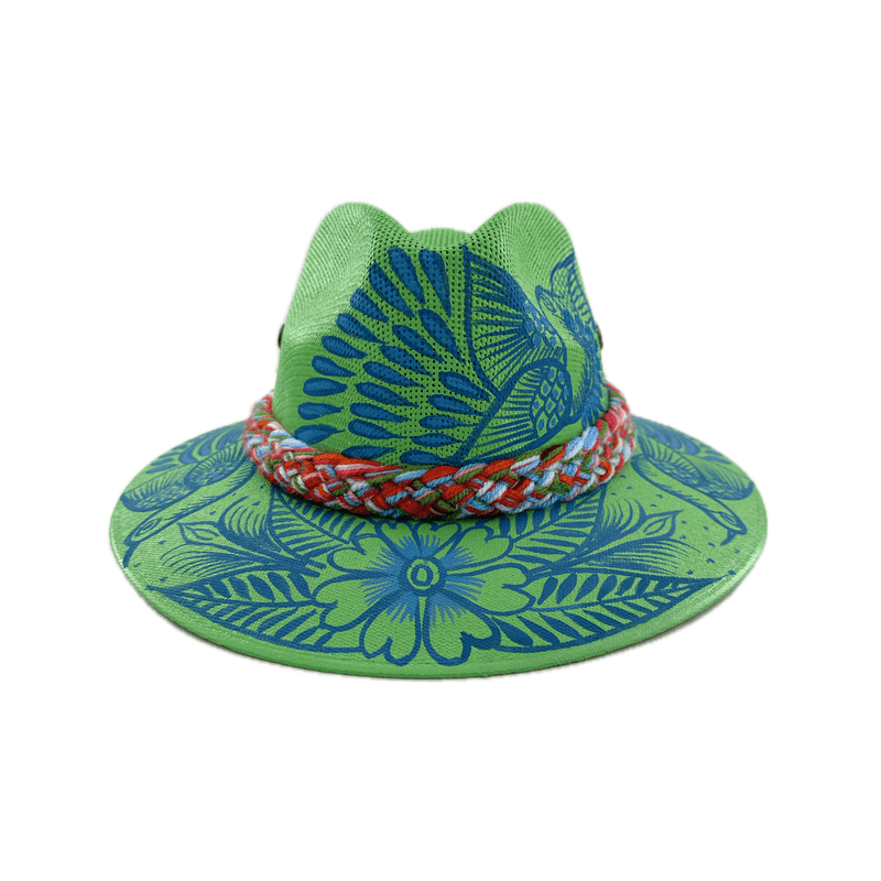 Carmen Hand Painted Hat - Green with Blue Birds - Josephine Alexander Collective