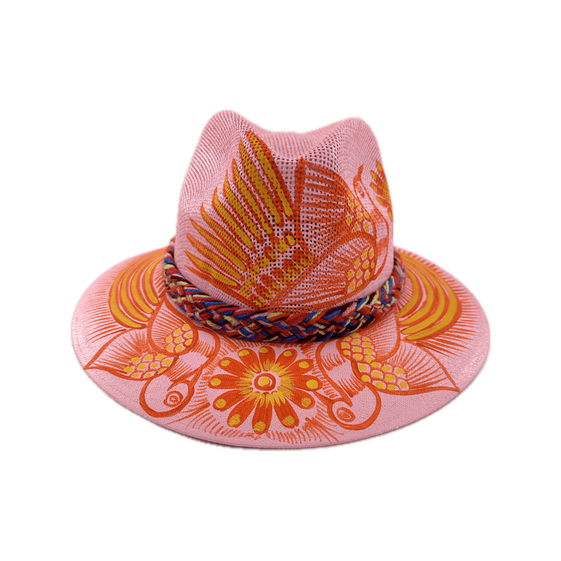 Carmen Hand Painted Hat - Light Pink with Orange Bird #3 - Josephine Alexander Collective