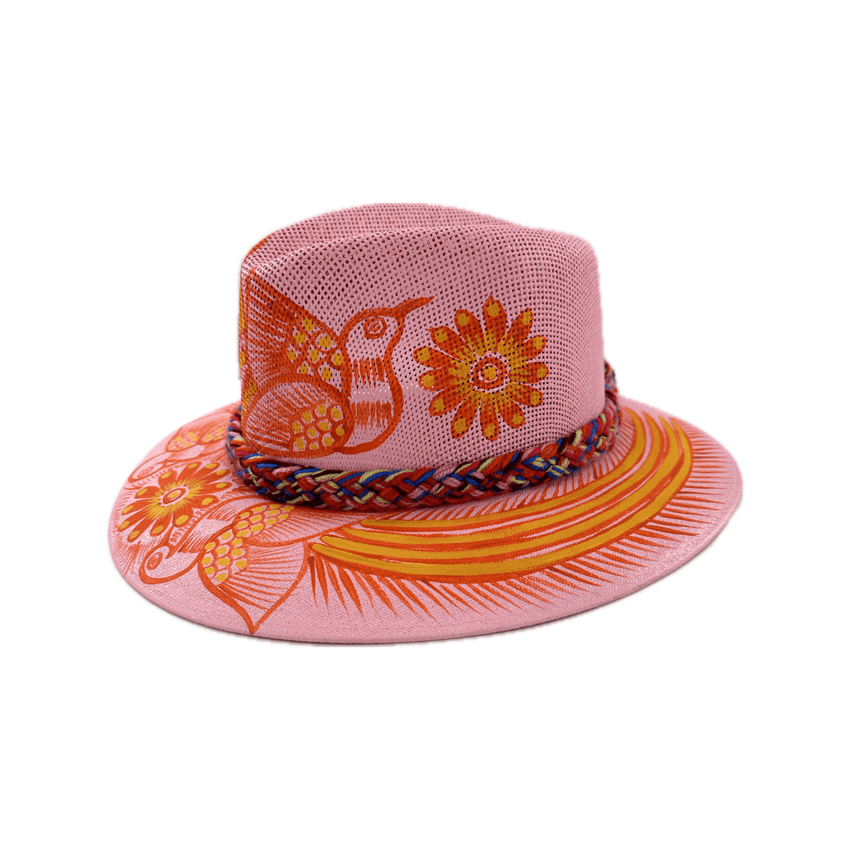 Carmen Hand Painted Hat - Light Pink with Orange Bird #3 - Josephine Alexander Collective