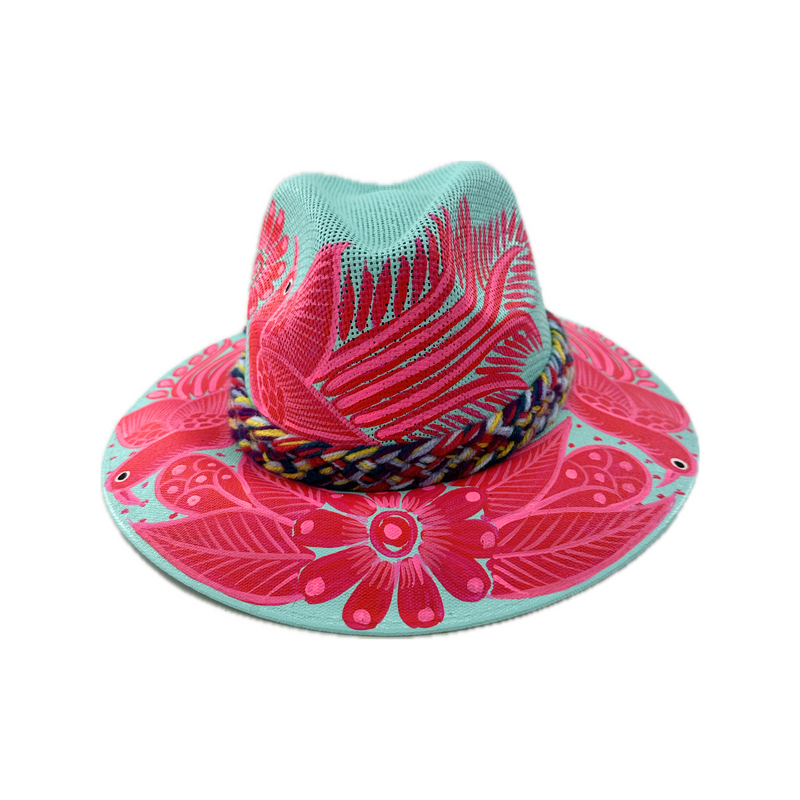 Carmen Hand Painted Hat - Teal with Hot Pink Bird and Flower - Josephine Alexander Collective