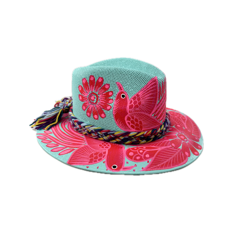 Carmen Hand Painted Hat - Teal with Hot Pink Bird and Flower - Josephine Alexander Collective