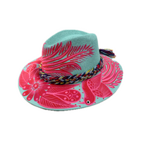 Carmen Hand Painted Hat - Teal with Hot Pink Bird and Flower - Josephine Alexander Collective