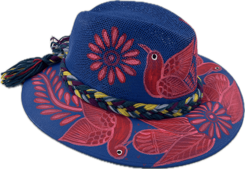 Carmen Hand Painted Hat - Blue with Pink Birds - Josephine Alexander Collective