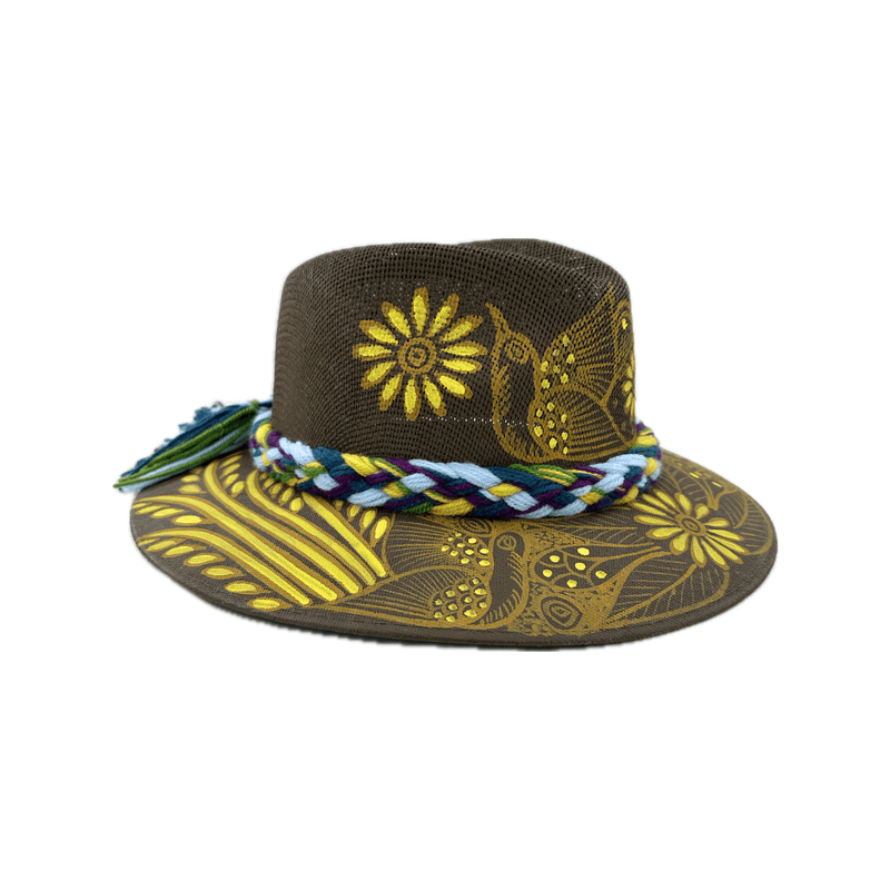 Hand Painted Hat - Brown with Yellow Bird #2 - Josephine Alexander Collective