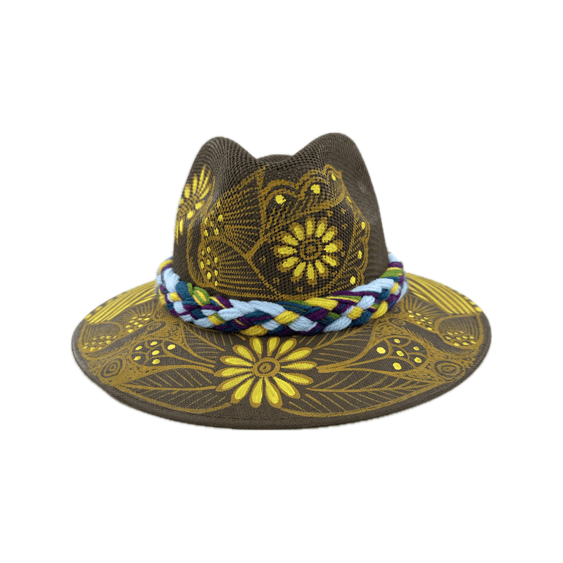 Hand Painted Hat - Brown with Yellow Bird #2 - Josephine Alexander Collective