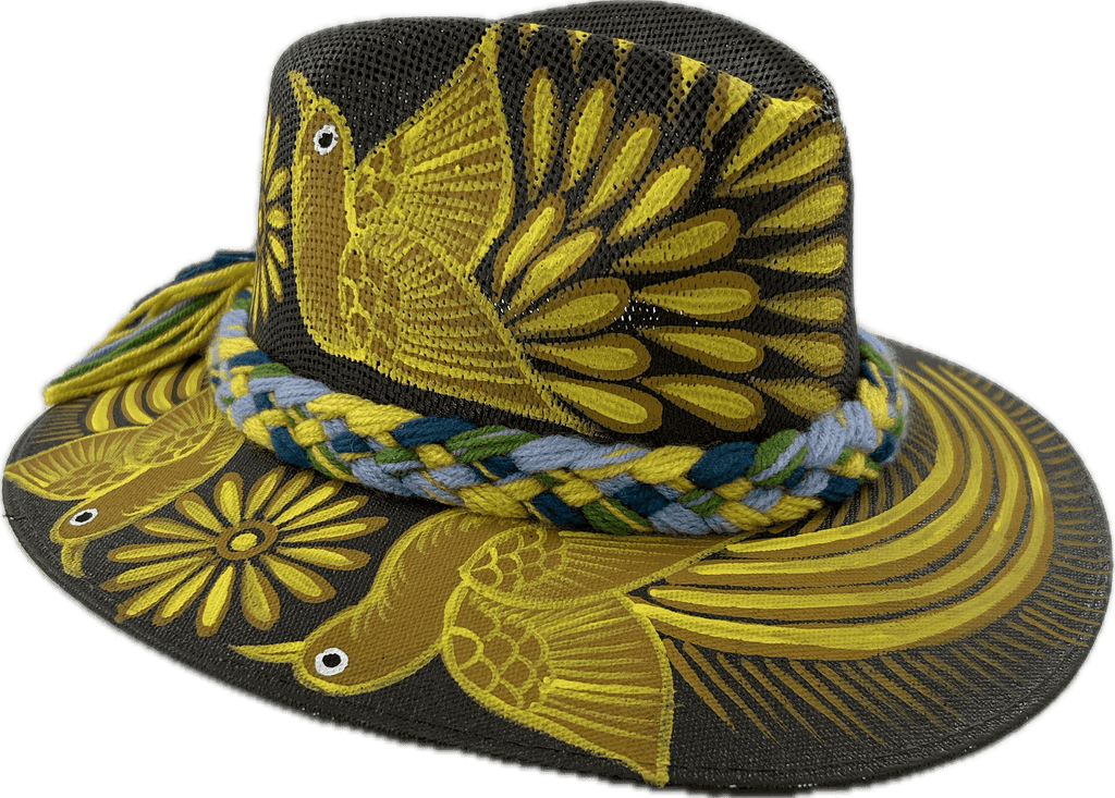 Carmen Hand Painted Hat - Brown with Yellow Bird #1 - Josephine Alexander Collective