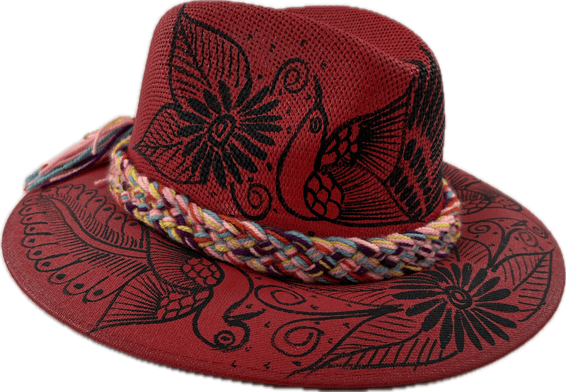 Carmen Hand Painted Hat - Red with Black Birds #4 - Josephine Alexander Collective