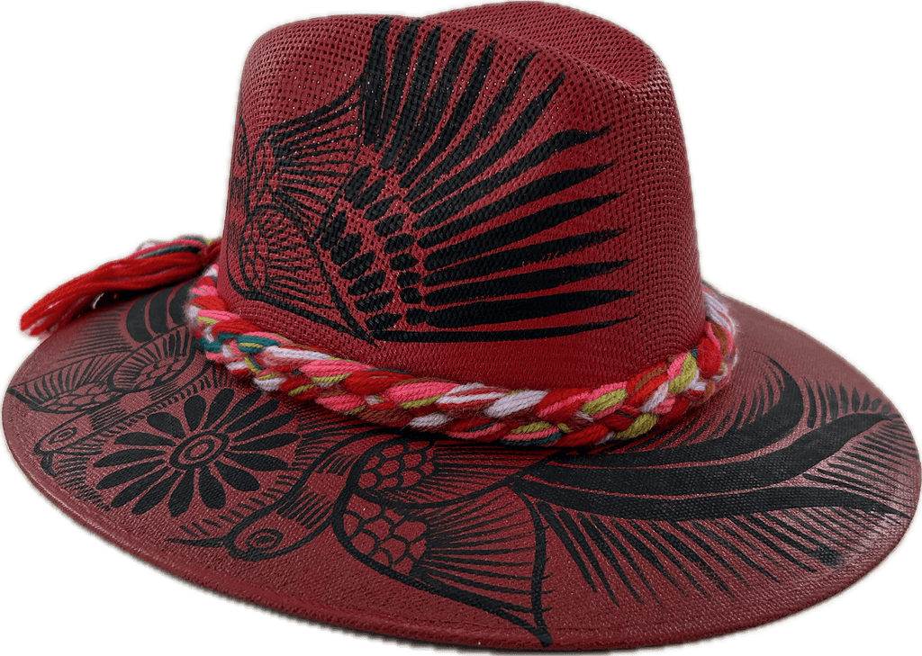 Carmen Hand- Painted Hat - Dark Red and Black Birds #1 - Josephine Alexander Collective