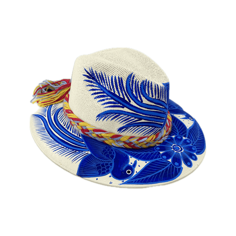 Carmen Hand Painted Hat - Cream with Blue Bird #3 - Josephine Alexander Collective