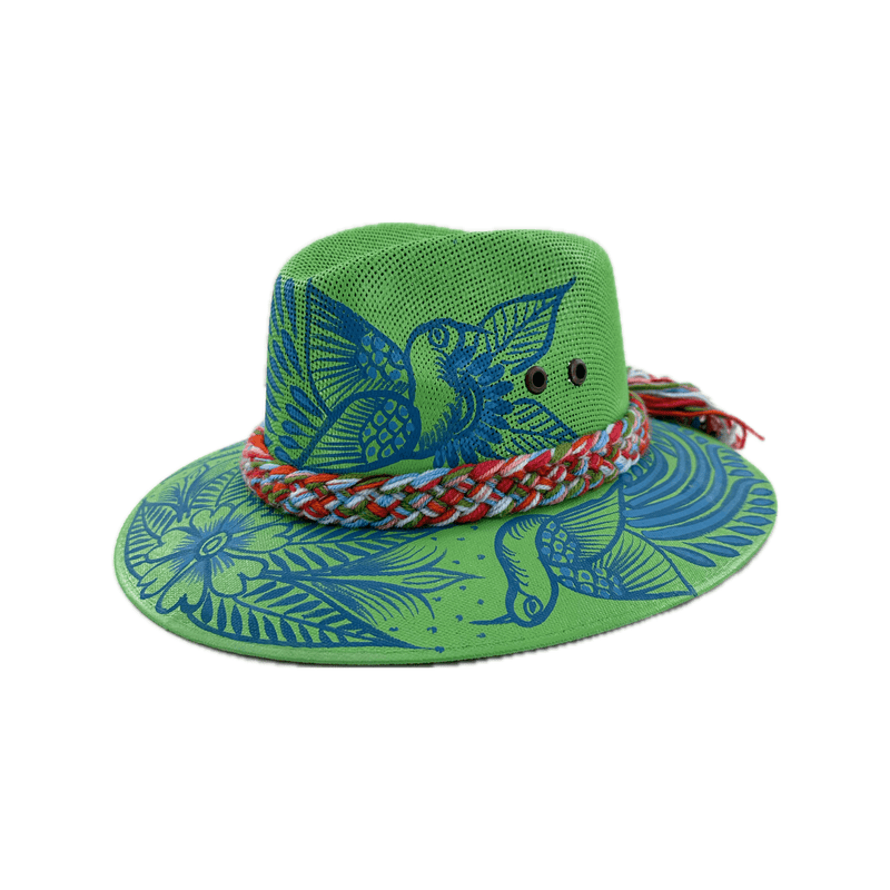 Carmen Hand Painted Hat - Green with Blue Birds - Josephine Alexander Collective