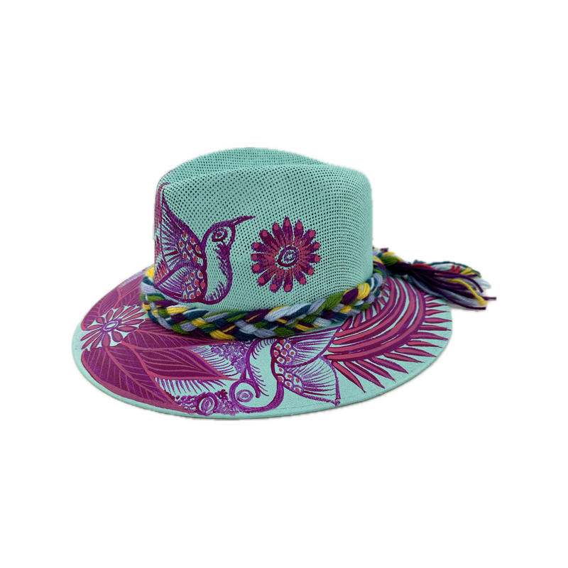 Carmen Hand Painted Hat - Mint with Purple Pink Flower - Josephine Alexander Collective