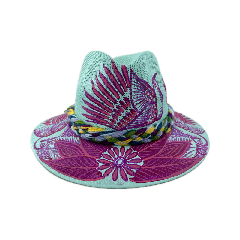 Carmen Hand Painted Hat - Mint with Purple Pink Flower - Josephine Alexander Collective