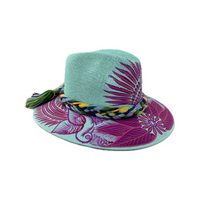 Carmen Hand Painted Hat - Mint with Purple Pink Flower - Josephine Alexander Collective