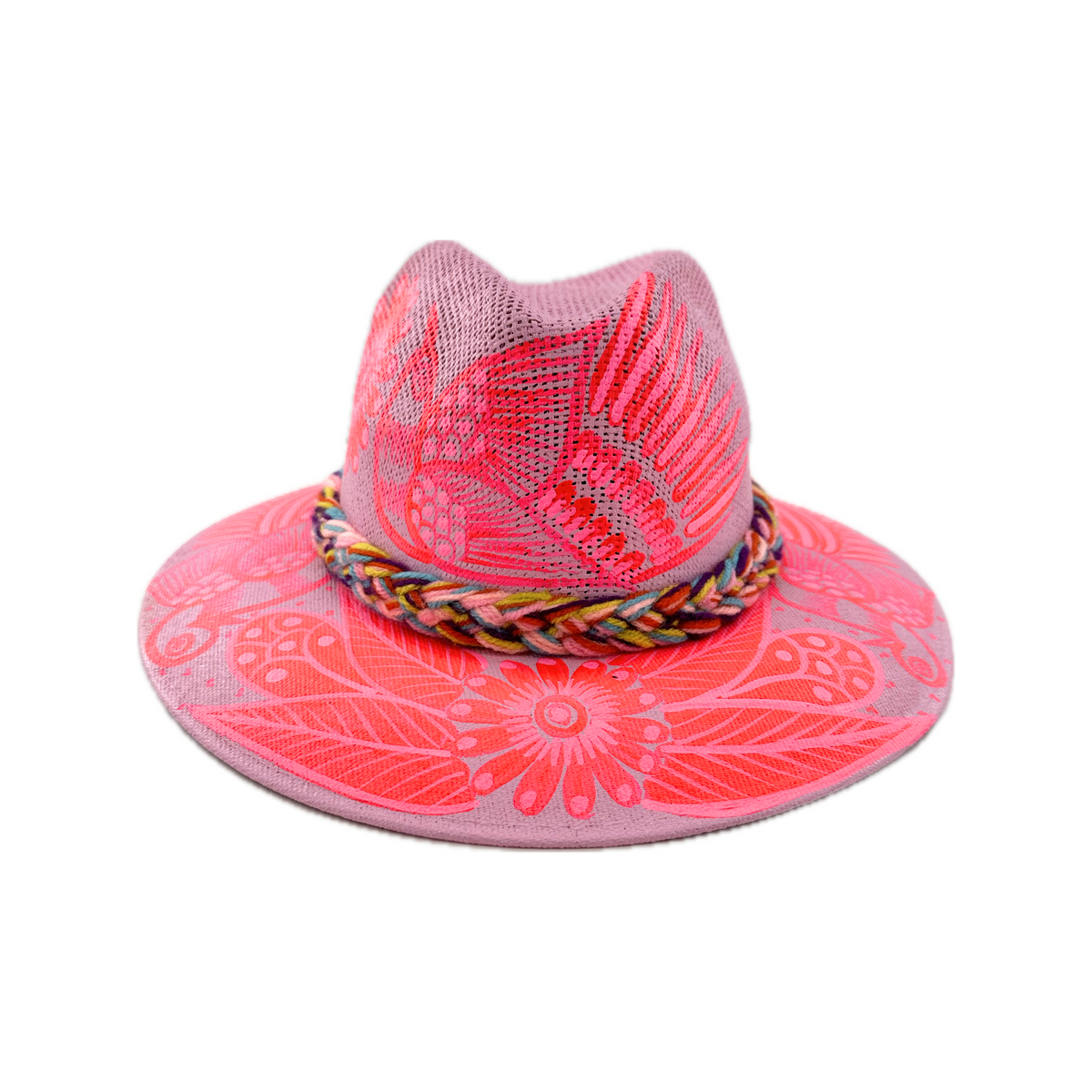 Carmen Hand Painted Hat - Pink with Hot Pink Bird #1 - Josephine Alexander Collective