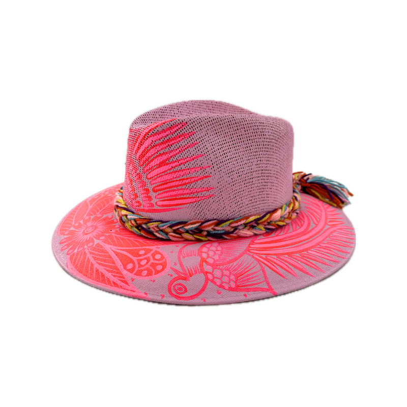 Carmen Hand Painted Hat - Pink with Hot Pink Bird #1 - Josephine Alexander Collective