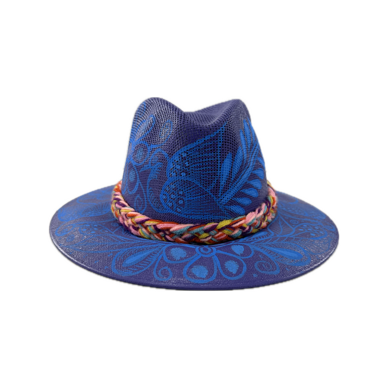 Carmen Hand Painted Hat - Purple and Blue Flower Birds - Josephine Alexander Collective