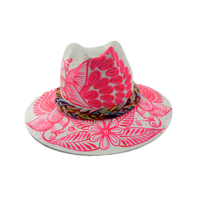 Carmen Hand Painted Hat - White with Hot Pink Bird #2 - Josephine Alexander Collective
