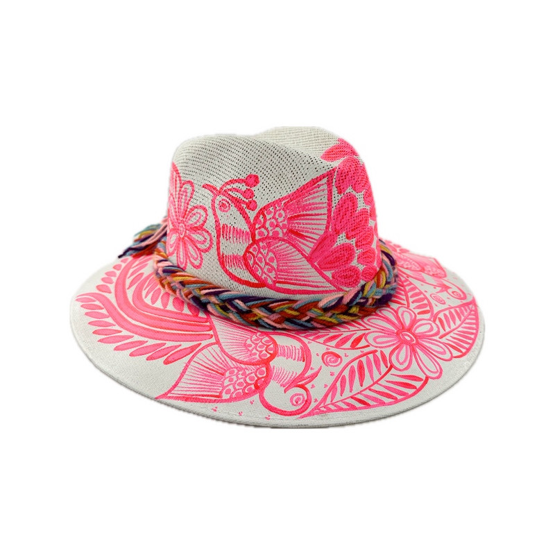 Carmen Hand Painted Hat - White with Hot Pink Bird #2 - Josephine Alexander Collective