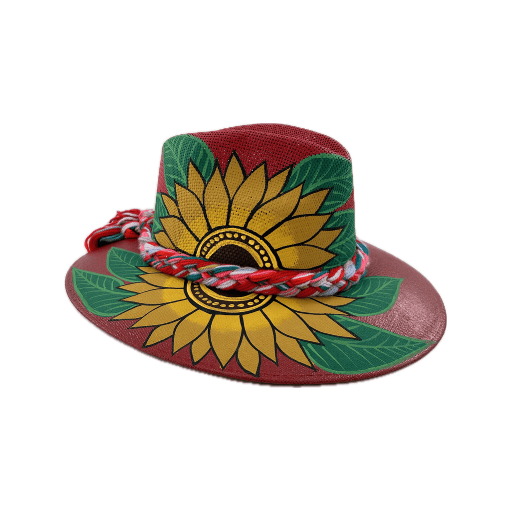 Carmen Hand- Painted Hat - Red and Tan Sunflowers - Josephine Alexander Collective