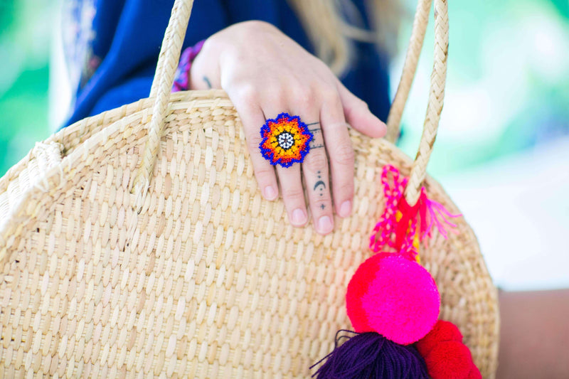 Beaded Wild Flower Ring in Yellow, Orange and Blue Hibiscus - Josephine Alexander Collective