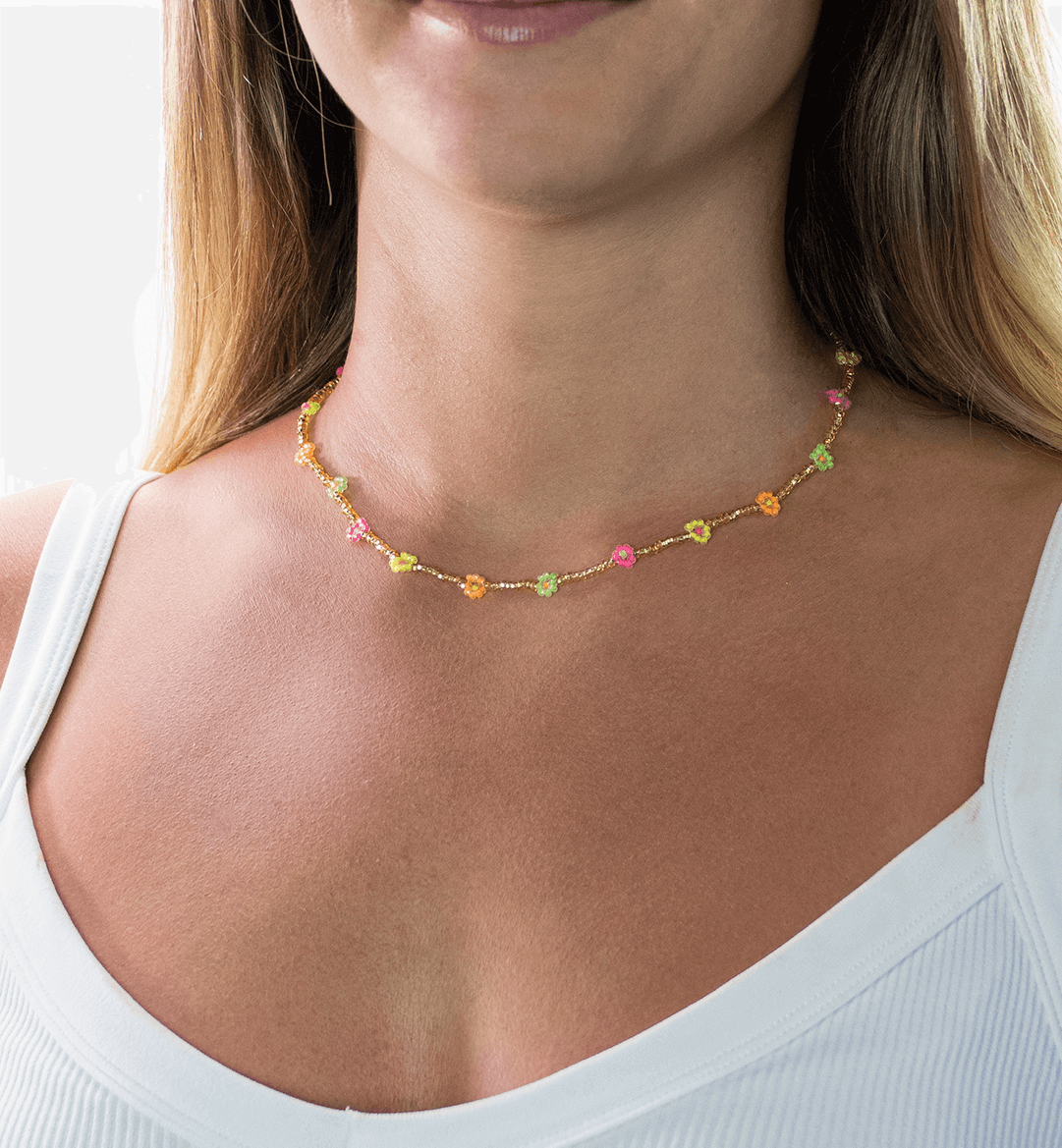 Beaded Daisy Necklace in Gold and Rainbow - Josephine Alexander Collective