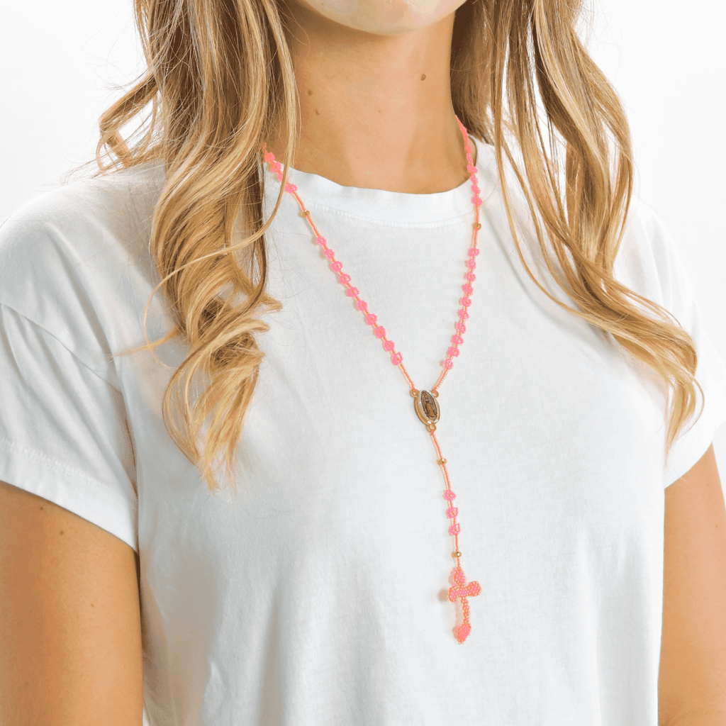 Thalia Beaded Rosary in Neon Orange and Pink - Josephine Alexander Collective