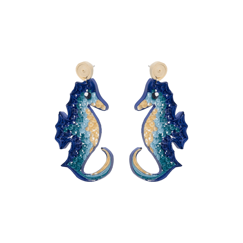 Bahama Blue Seahorse Quilled Earrings - Josephine Alexander Collective