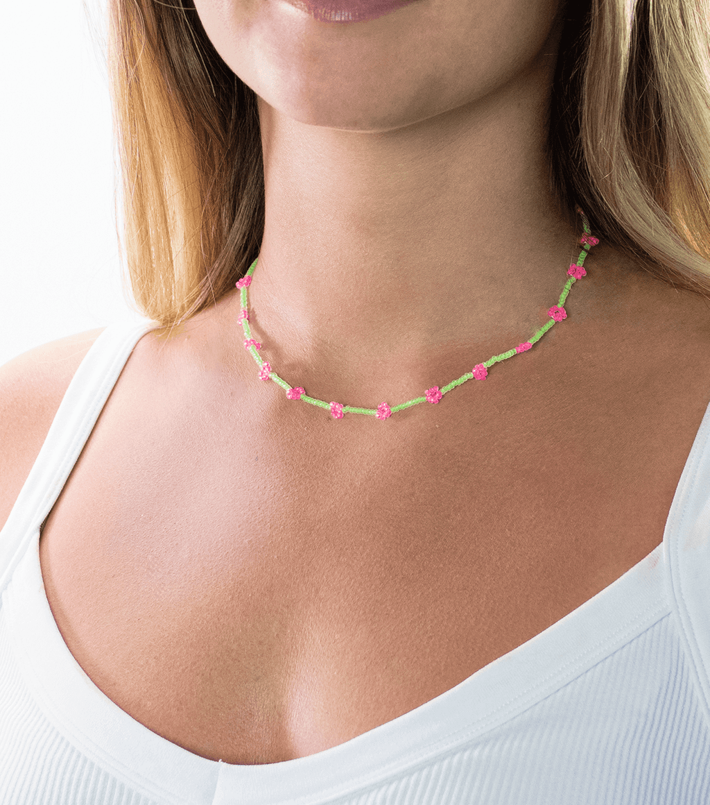 Beaded Daisy Necklace in Neon Green and Pink - Josephine Alexander Collective