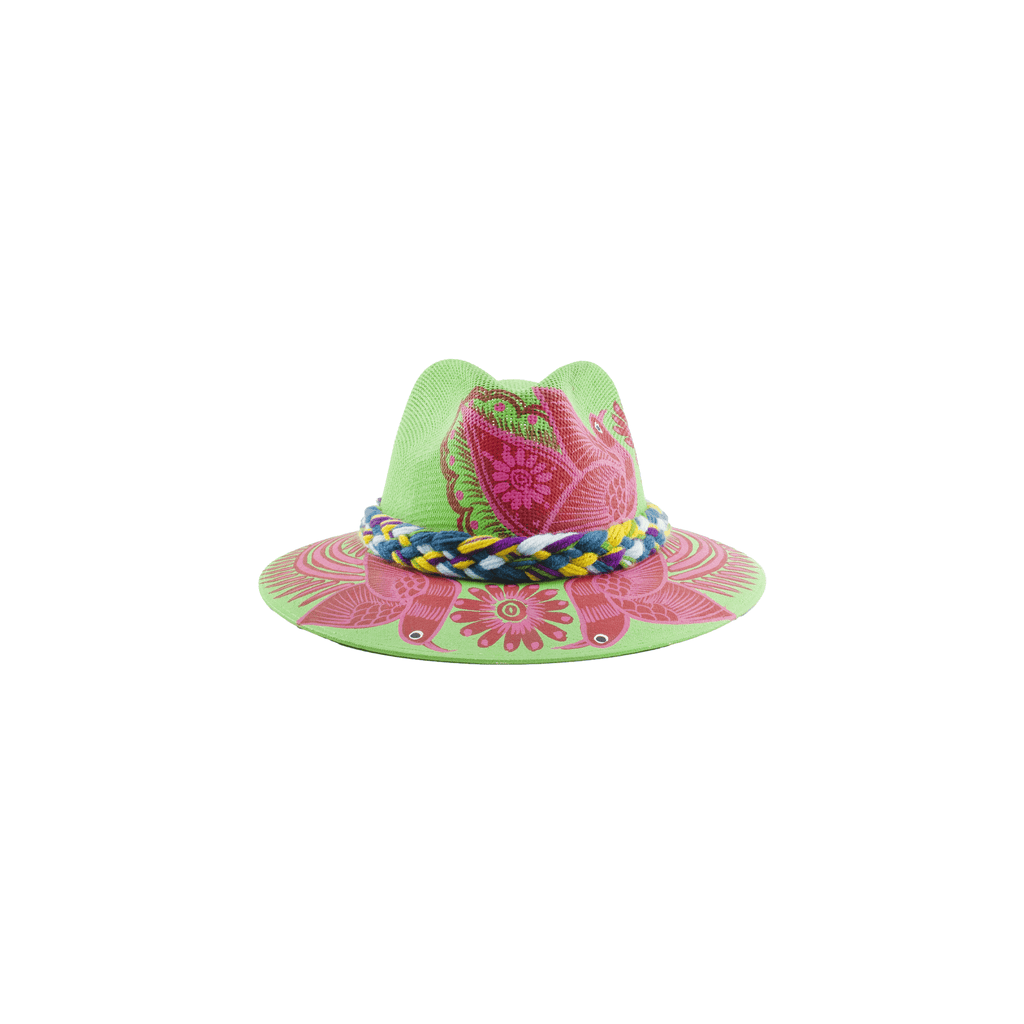 Carmen Hand Painted Hat - Lime Green and Pink Birds - Josephine Alexander Collective