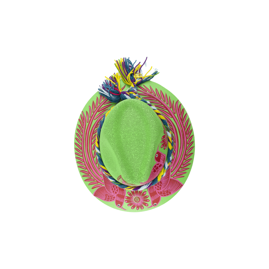 Carmen Hand Painted Hat - Lime Green and Pink Birds - Josephine Alexander Collective
