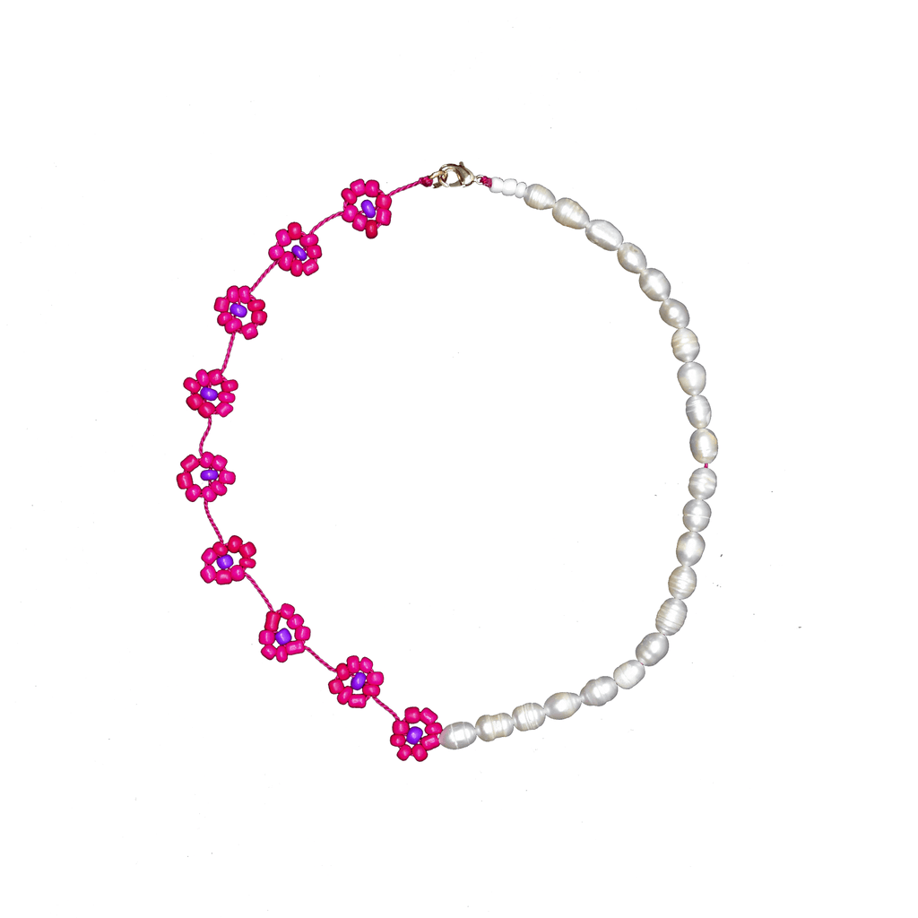 Large Daisy Chain Pearl Necklace in Hot Pink and Purple - Josephine Alexander Collective