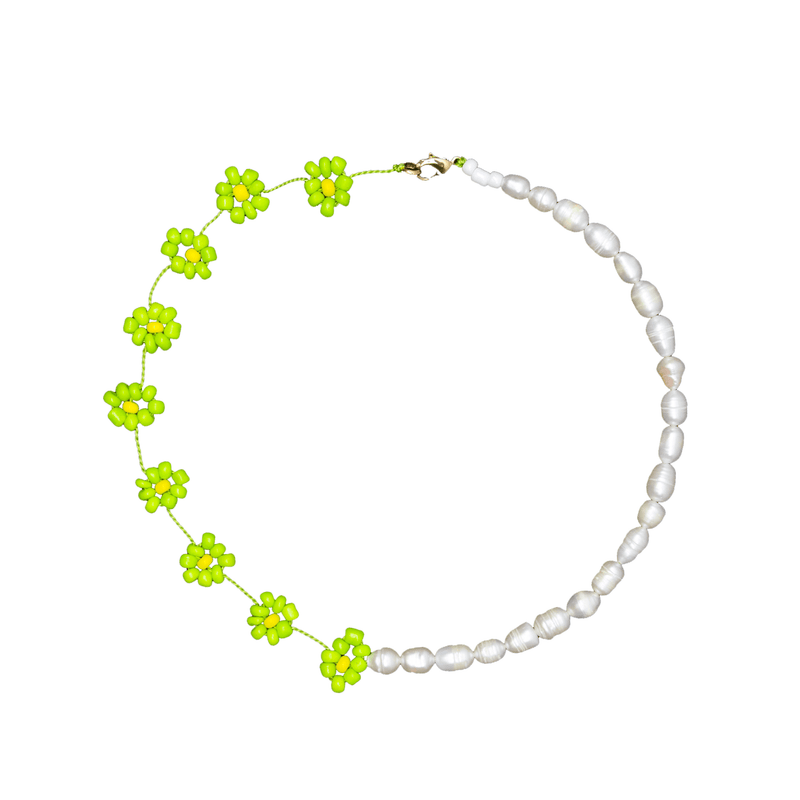 Large Daisy Chain Pearl Necklace in Lime Green - Josephine Alexander Collective