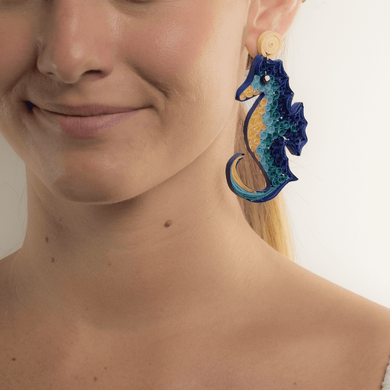 Bahama Blue Seahorse Quilled Earrings - Josephine Alexander Collective