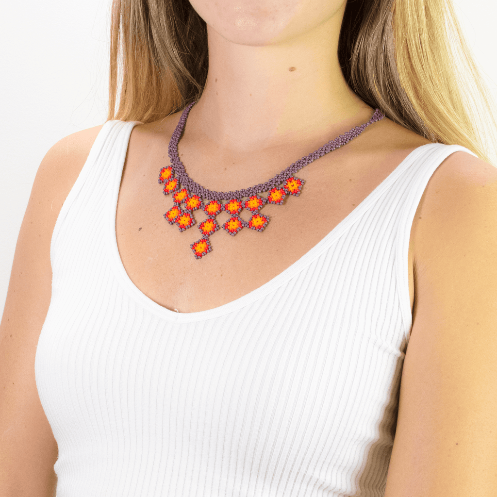 Beaded Tile Necklace in Lilac and Orange - Josephine Alexander Collective