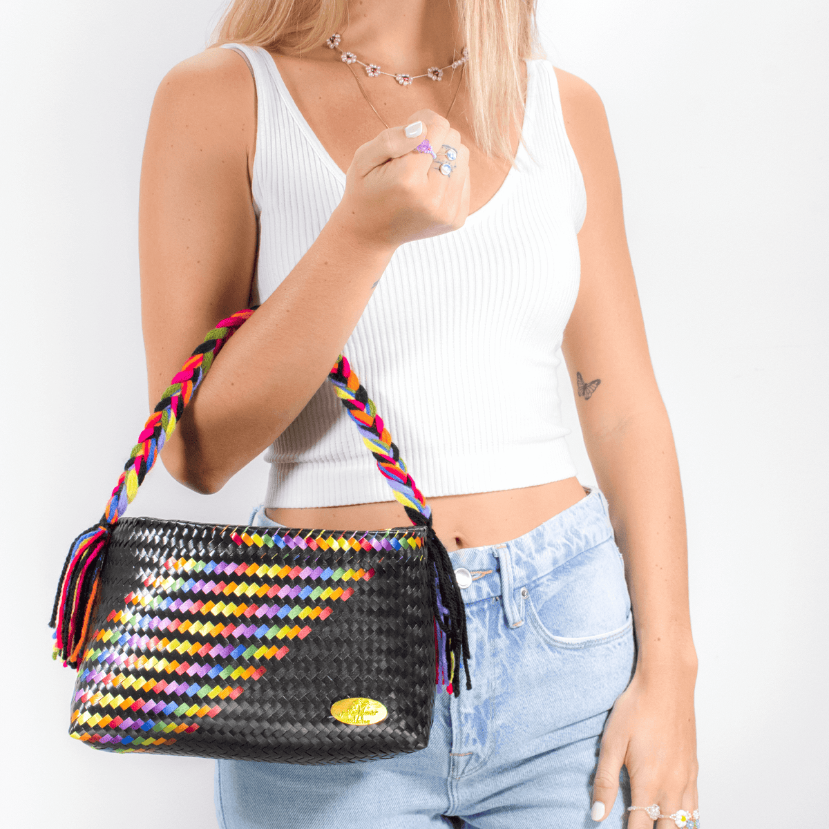 The Mel Handbag in Black Splash of Rainbow - Josephine Alexander Collective