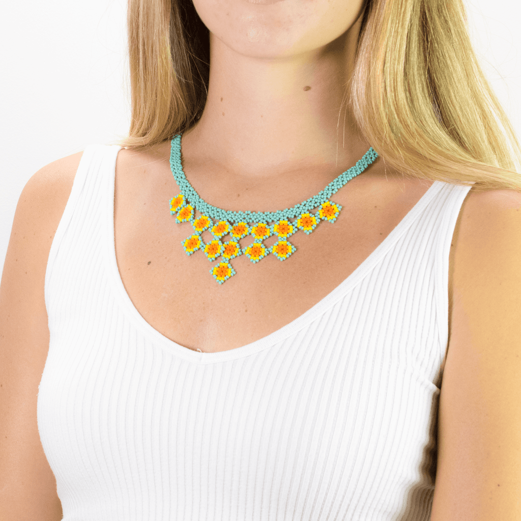 Beaded Tile Necklace in Turquoise and Yellow - Josephine Alexander Collective