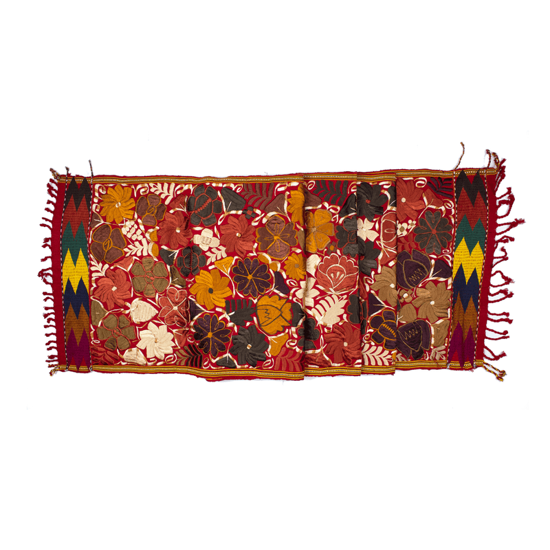 8' Long Embroidered Table Runner in Fall Hues - Red with Autumn Flowers - Josephine Alexander Collective