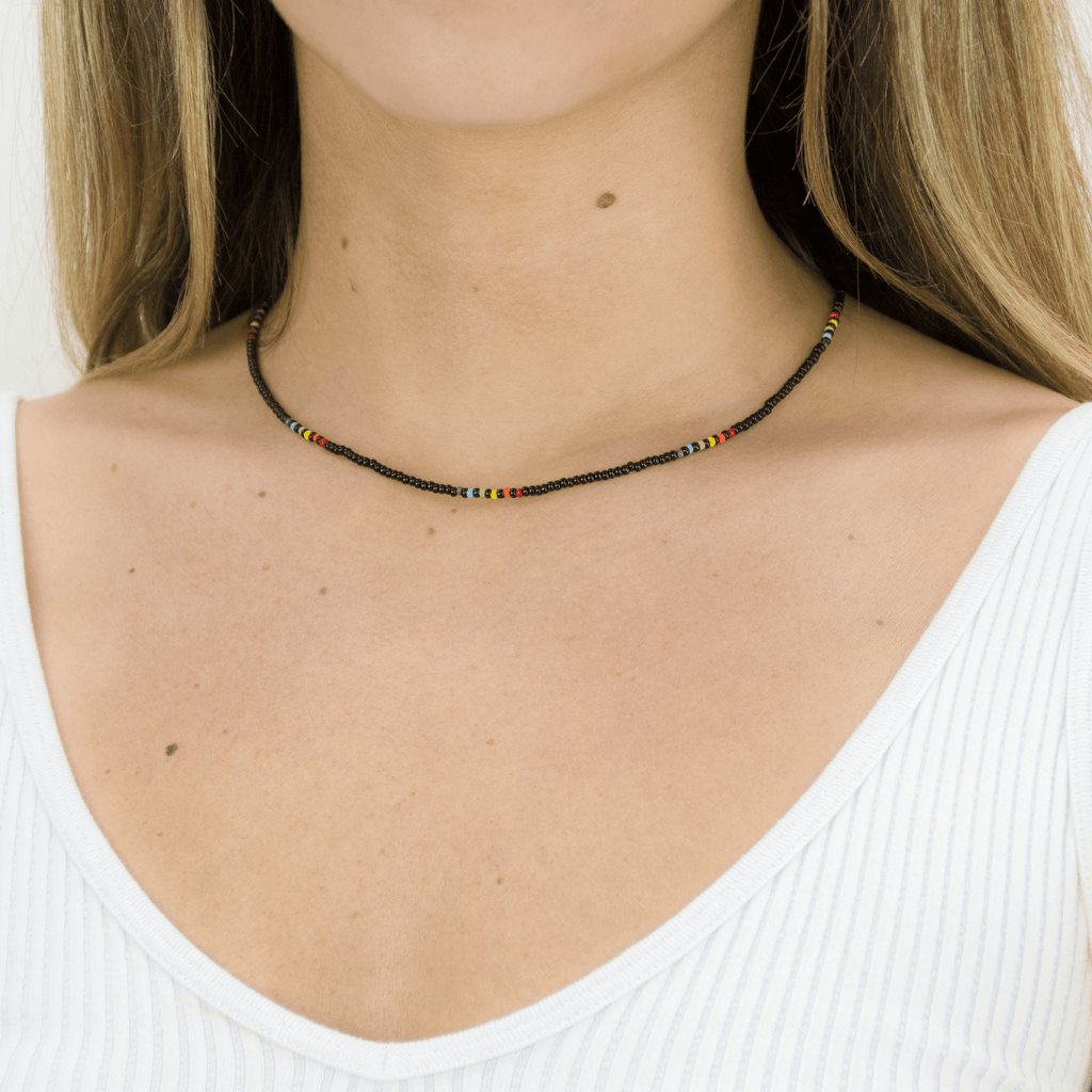 Short Beaded Necklace- Black Retro Rainbow - Josephine Alexander Collective