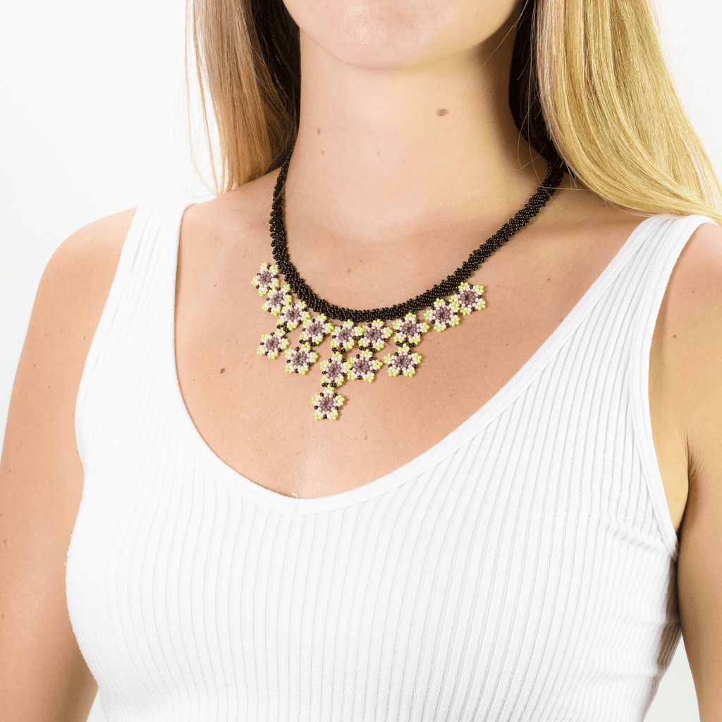 Flower Tile Necklace in Mint, Violet and Black - Josephine Alexander Collective