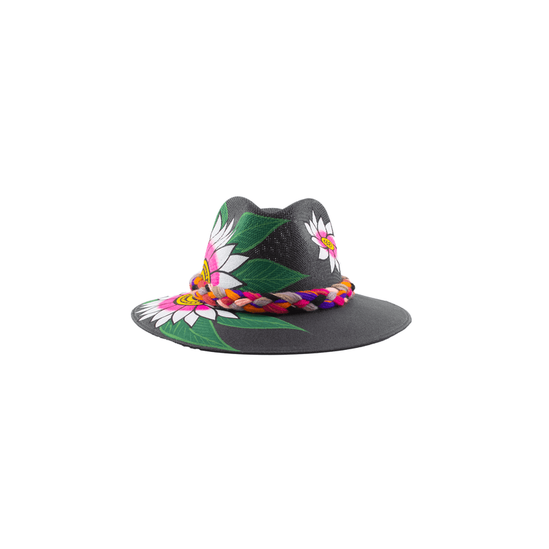 Carmen Hand- Painted Hat - Black with White/Hot Pink Sunflower - Josephine Alexander Collective