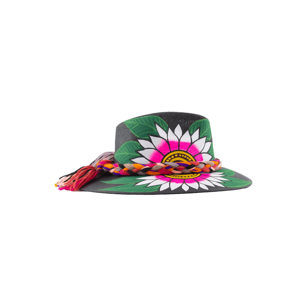 Carmen Hand- Painted Hat - Black with White/Hot Pink Sunflower - Josephine Alexander Collective
