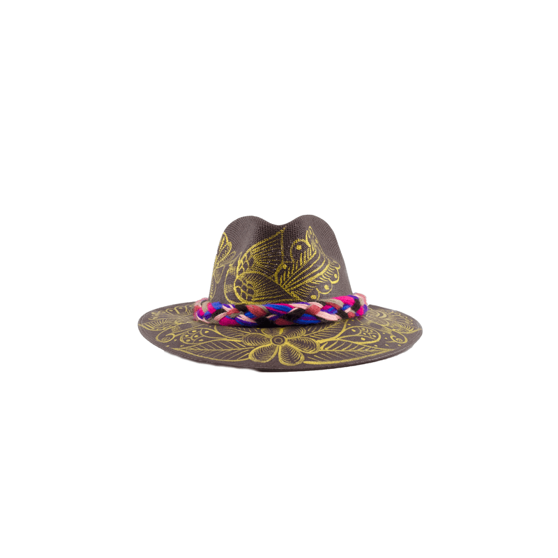 Carmen Hand- Painted Hat -  Brown and Gold Design - Josephine Alexander Collective