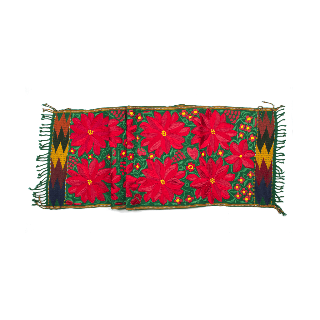 Long Embroidered Table Runner in Poinsettias - Green #1 - Josephine Alexander Collective