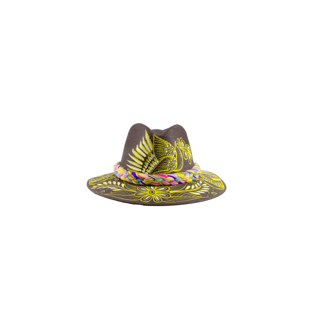 Carmen Hand- Painted Hat -  Brown and Yellow Bird - Josephine Alexander Collective