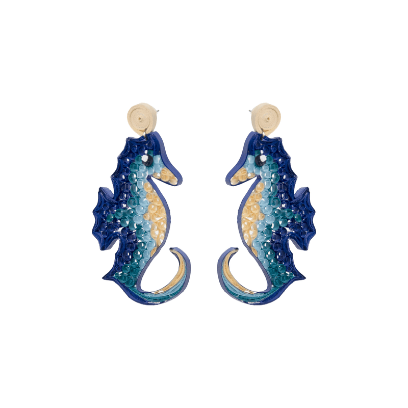 Bahama Blue Seahorse Quilled Earrings - Josephine Alexander Collective