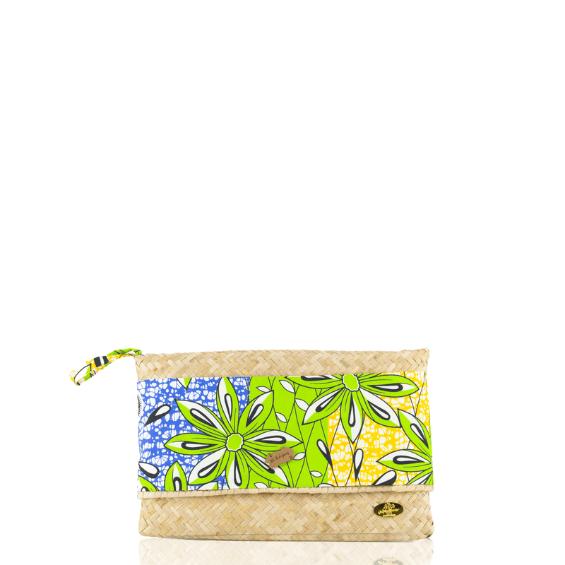 Mauritius Straw Clutch in Green Flowers - Josephine Alexander Collective