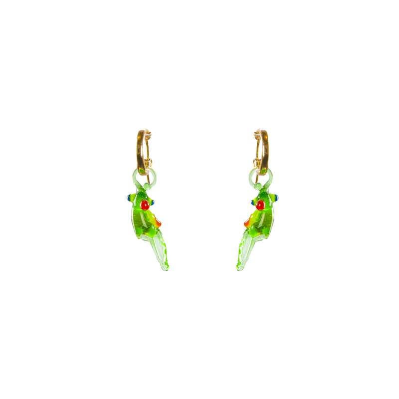 Blown Glass and Gold Hoops - Green Parrot - Josephine Alexander Collective