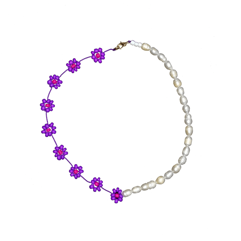 Large Daisy Chain Pearl Necklace in Purple and Hot Pink - Josephine Alexander Collective
