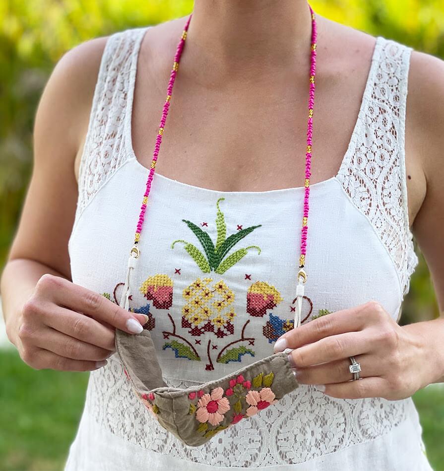 Seed Bead Mask - Pink and White - Josephine Alexander Collective