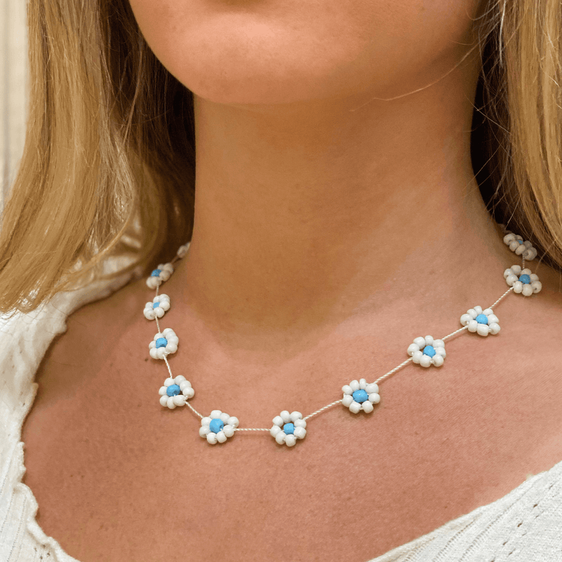 Large Daisy Chain Necklace White & Blue - Josephine Alexander Collective